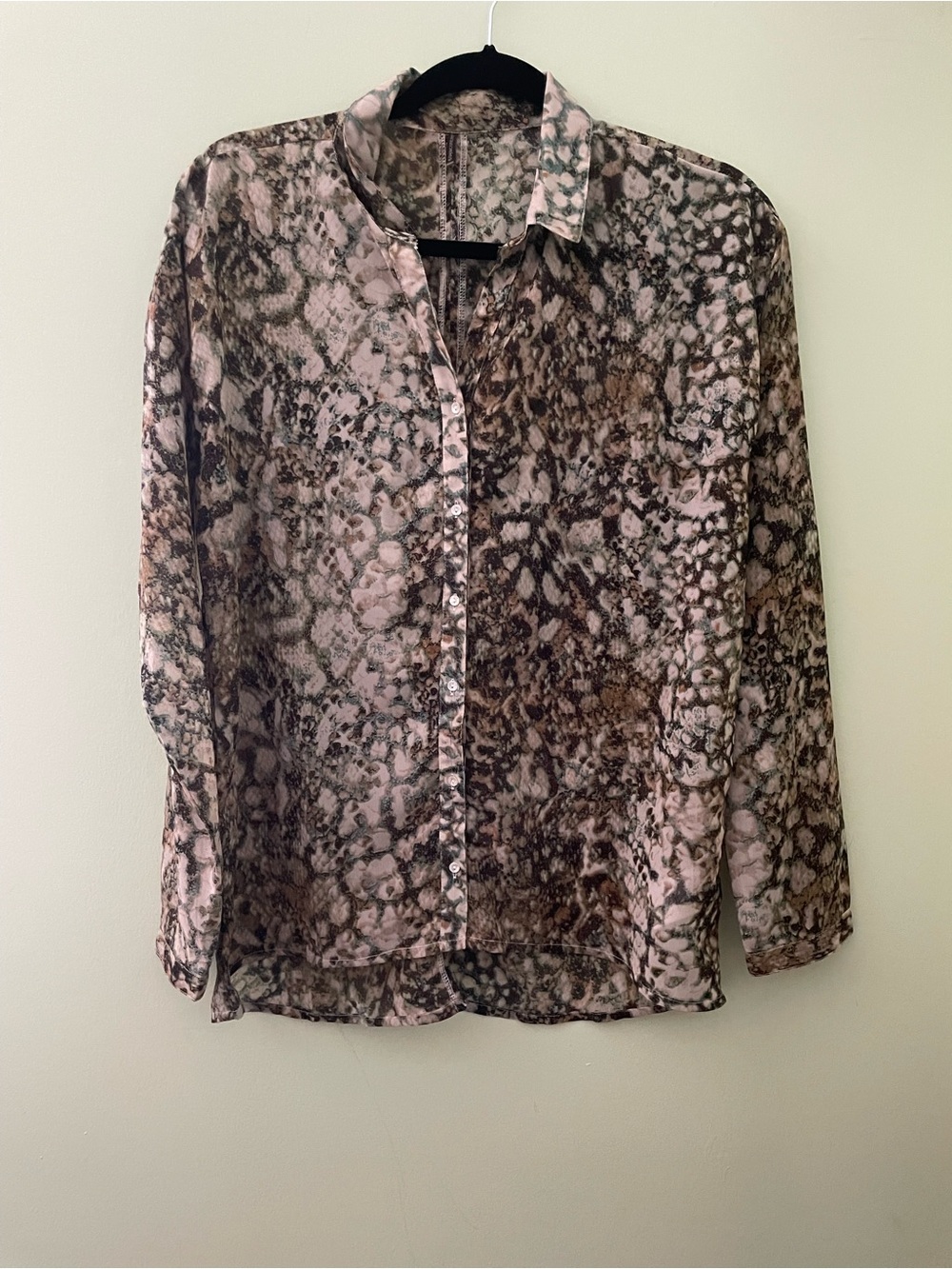 Womens Soya concept Sheer Snake-Print Button-Up Long sleeve Blouse Size Small